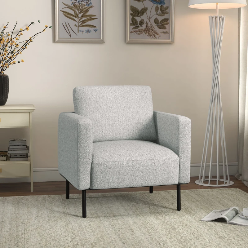 HOMCOM Poltrona d'arredo in Tessuto Effetto Lino Traspirante e Gambe in Acciaio, 79x76x65 cm, Grigio