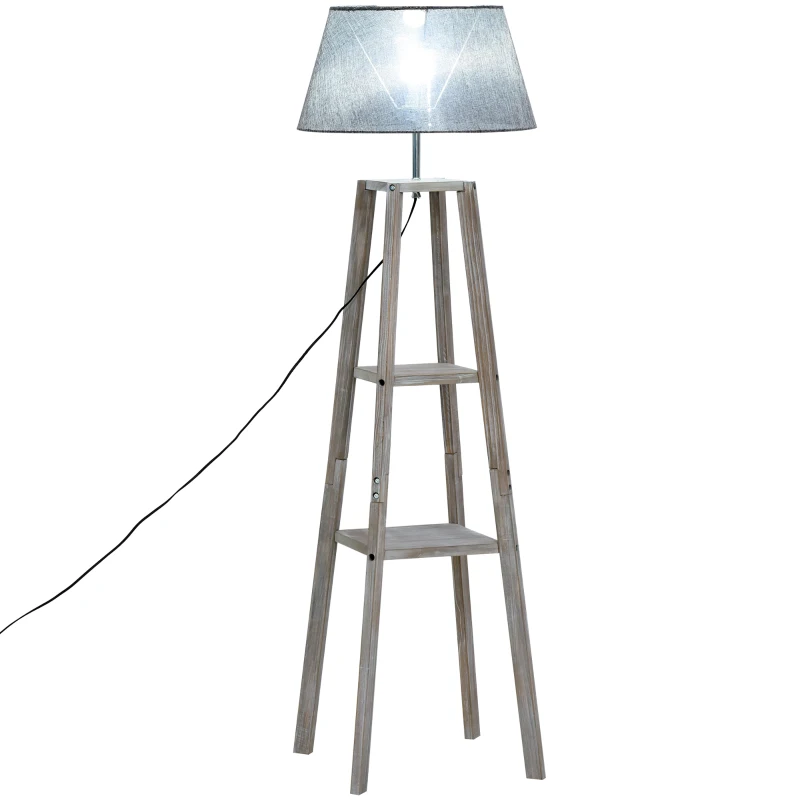 HOMCOM Stehlampe mit Regal, Skandinavische Standleuchte, Lampe, Leinen, Kiefernholz, Natur, Grau,  45 x 45 x 148 cm