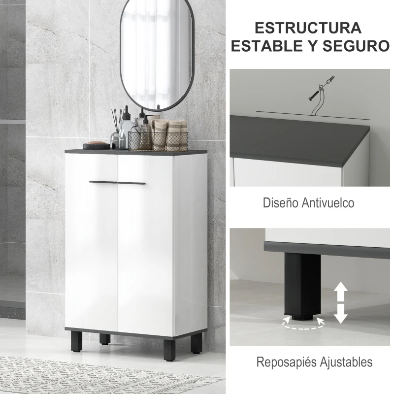 HOMCOM Armario de Baño Mueble Auxiliar de Baño con Puertas Estantes Ajustables y Sistema Anti-vuelco 60x34x94 cm Blanco Brillo