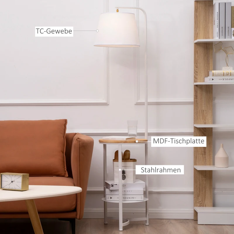 HOMCOM Stehleuchte Stehlampe Beistelltisch mit 2 Regalen Innenbeleuchtung E27 für Wohnzimmer Schlafzimmer Büro Metall Holz Tterylen-Gewebe Weiß 38 x 36 x 162 cm