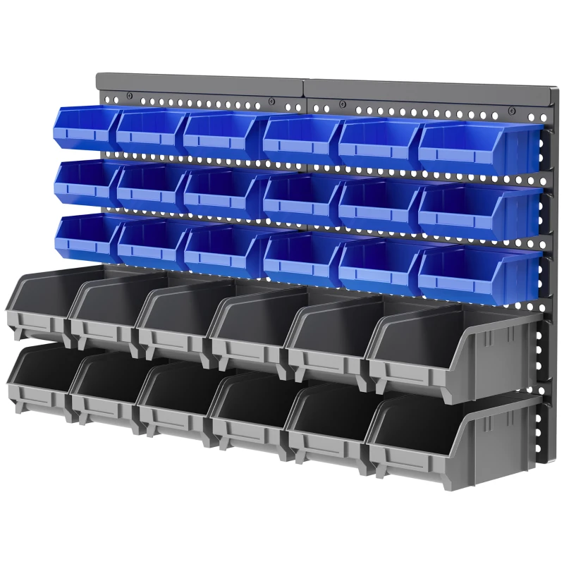 DURHAND Estantería de Pared para Herramientas de 33 Piezas 63x18x37,5 cm con 30 Cajas Desmontable y 2 Paneles Azul y Gris