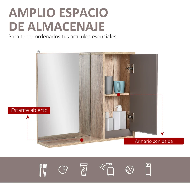 HOMCOM Armario de Baño con Espejo Mueble Auxiliar Montado en Pared con 1 Puerta y Estante Ajustable Estilo Moderno 57x14,2x49,2 cm Roble y Gris
