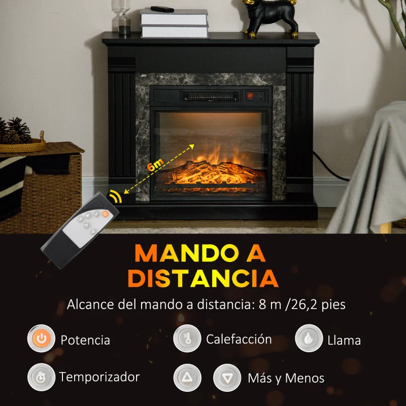 HOMCOM Chimenea Eléctrica 1800W Chimenea Decorativa con Efecto de Llama Mando a Distancia Temporizador 80x21,6x67,8cm Negro