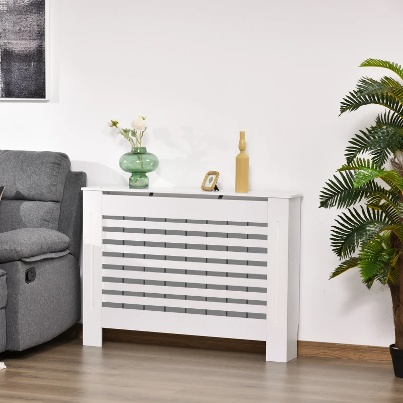 HOMCOM Radiator Cover, Modern MDF White Painted Cabinet with Horizontal Slats for Living Room, Bedroom, 112L x 19W x 81H cm