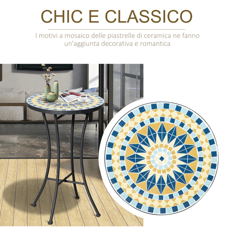 Outsunny Tavolino da Giardino in Metallo con Piano d'Appoggio a Mosaico, Ф35.5x53.5cm
