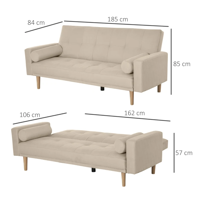 HOMCOM Divano Letto 3 Posti con Schienale Regolabile su 3 Livelli, 2 Cuscini e Braccioli Rimovibili, Beige, 185x84x85cm