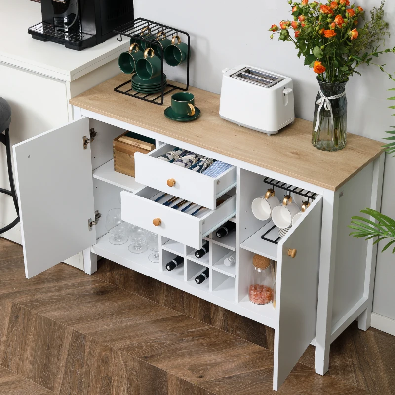 HOMCOM Aparador de Cocina Moderno con Cajones y Botellero Mueble Auxiliar para Comedor Salón 110x35x75 cm Blanco