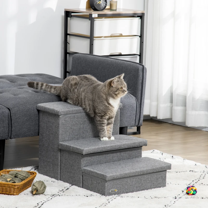 PawHut Escalera para Mascotas de 3 Peldaños Escalones para Perros Gatos con Espacio de Almacenamiento 63,5x42,5x40,5 cm Gris