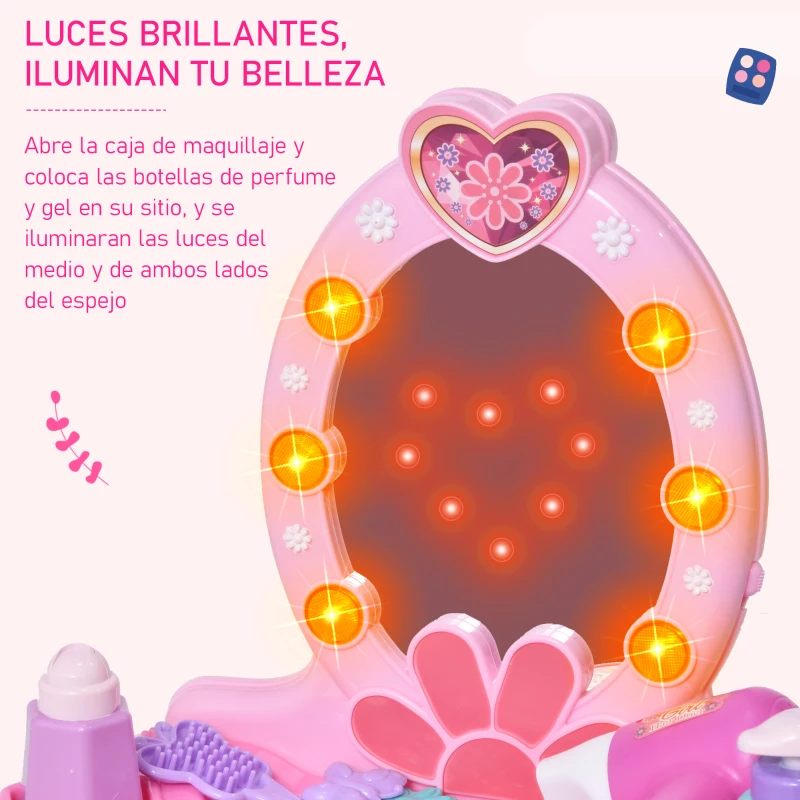 HOMCOM Tocador de Juguete para +3 Años con 16 Accesorios Función de Música y Luces Mesa de Tocador con Taburete Espejo 36x20x59,5 cm Rosa