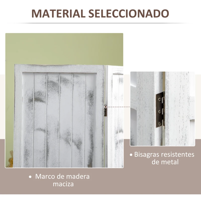 HOMCOM Biombo Divisor Separador de Ambientes de 4 Paneles Plegables de Madera de Paulonia 160,5x170 cm Blanco Rústico