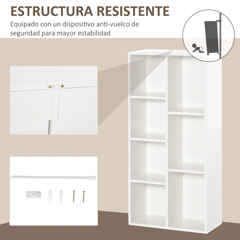 HOMCOM Estantería para Libros Librería de Madera con 7 Compartimentos de Almacenaje Plantas Archivos para Sala de Estar Dormitorio Oficina 50x24x106 cm Blanco