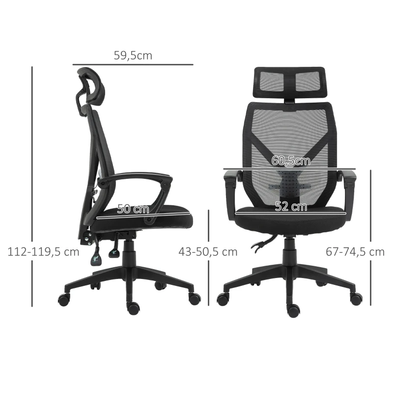 HOMCOM Fauteuil de bureau manager grand confort dossier ergonomique inclinable hauteur assise réglable pivotant tissu maille noir