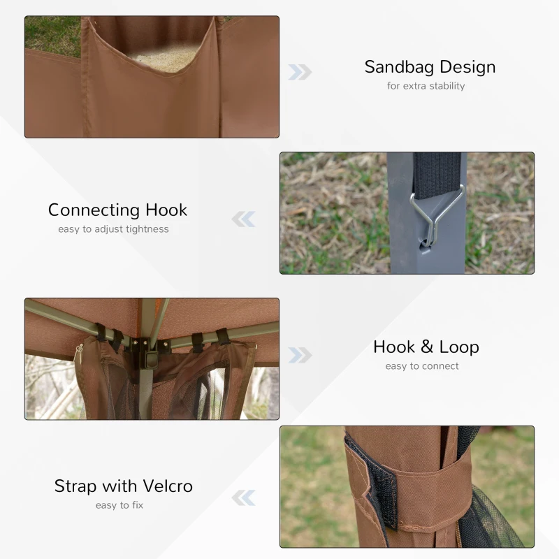 Outsunny 3.2m Pop Up Gazebo Hexagonal Canopy Tent Outdoor Sun Protection with Mesh Sidewalls, Handy Bag, Brown