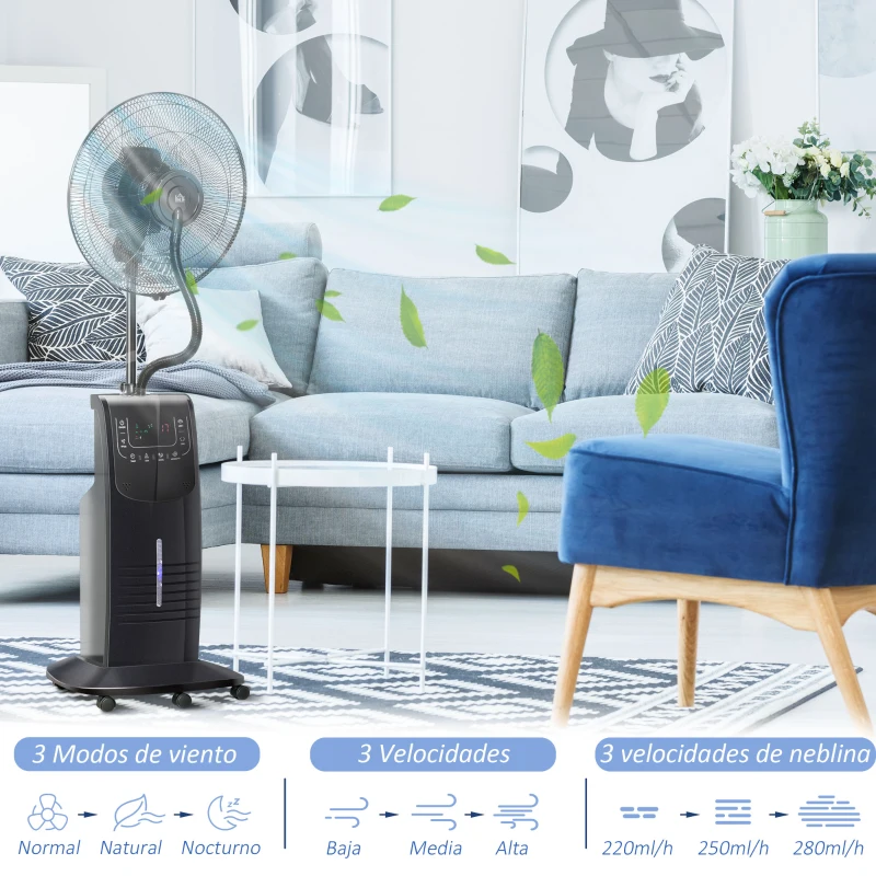 HOMCOM Ventilador de Pie Oscilante con Nebulizador 90W con Control Remoto 5 Aspas Tanque de Agua 3,1 L 44,5x44,5x135 cm Negro