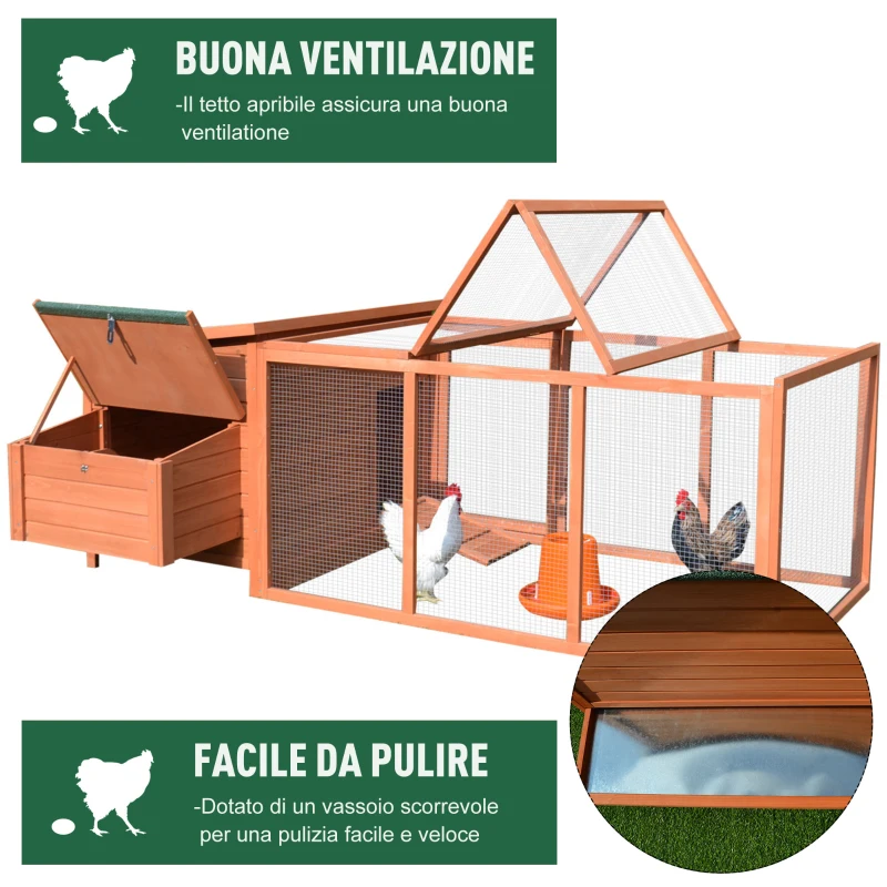 PawHut Pollaio Ovaiole in Legno, Gabbia per Galline con Ampio Spazio Esterno, Casetta con Tetto Apribile e Nido per Cova, 223.5x145x81 cm