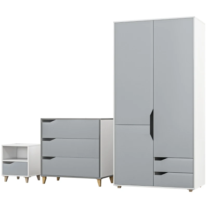 HOMCOM Bedroom Furniture Set, Wardrobe with Hanging Rail, 3 Drawer Chest of Drawers, Bedside Table with Drawer, Grey and White