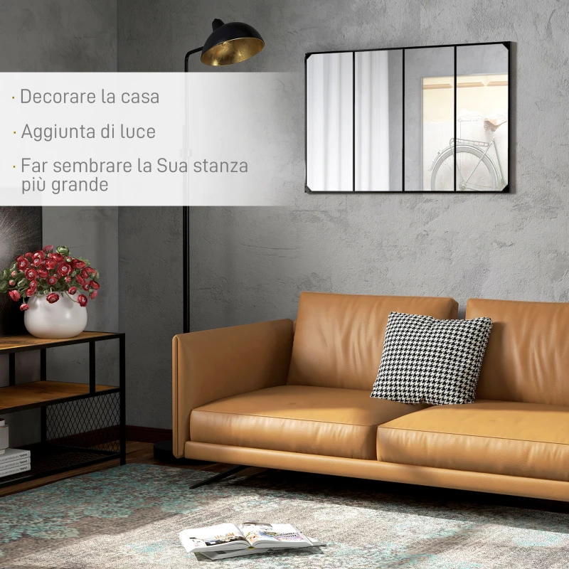 HOMCOM Specchio da Parete in Stile Industriale con 4 Ganci, in Vetro Multistrato, Metallo e MDF, 109x2x69 cm, Nero