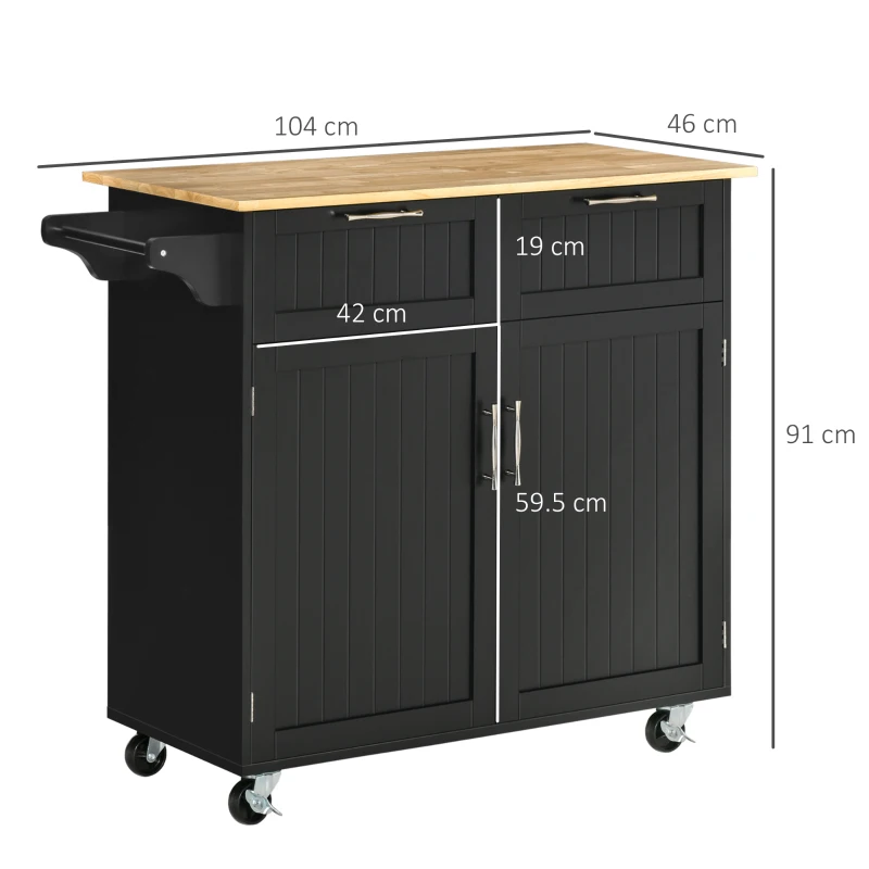 HOMCOM Carrello da Cucina Multiuso in Legno con 2 Cassetti, Armadietto e 4 Ruote, 104x46x91cm, Nero
