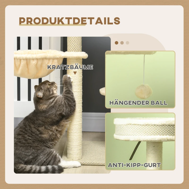 PawHut Kratzbaum Katzenbaum, 1 Katzenbett, 1 Katzenhöhle, 2 Liegeflächen, 124 cm x 59 cm x 40cm +Beige