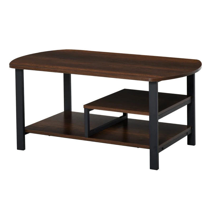 HOMCOM Couchtisch, Wohnzimmertisch Kaffeetisch mit Ablageflächen für Büro, Wohnzimmer, Schlafzimmer, industrieller Stil, E1 Spanplatte, Stahl, Braun, 100L x 60B x 46H cm