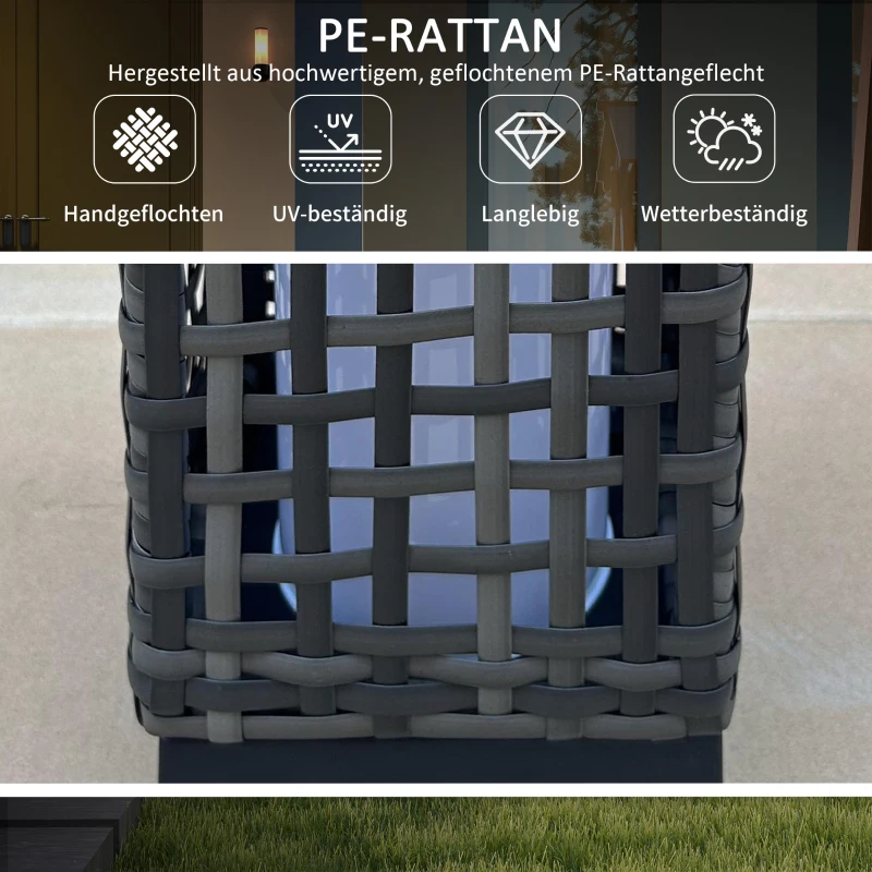 Outsunny Außenleuchte mit Solarmodul, Einschaltautomatik, 8 h Betriebszeit, Rattanoptik, Stahl, 15,5 x 15,5 x 46 cm, Grau