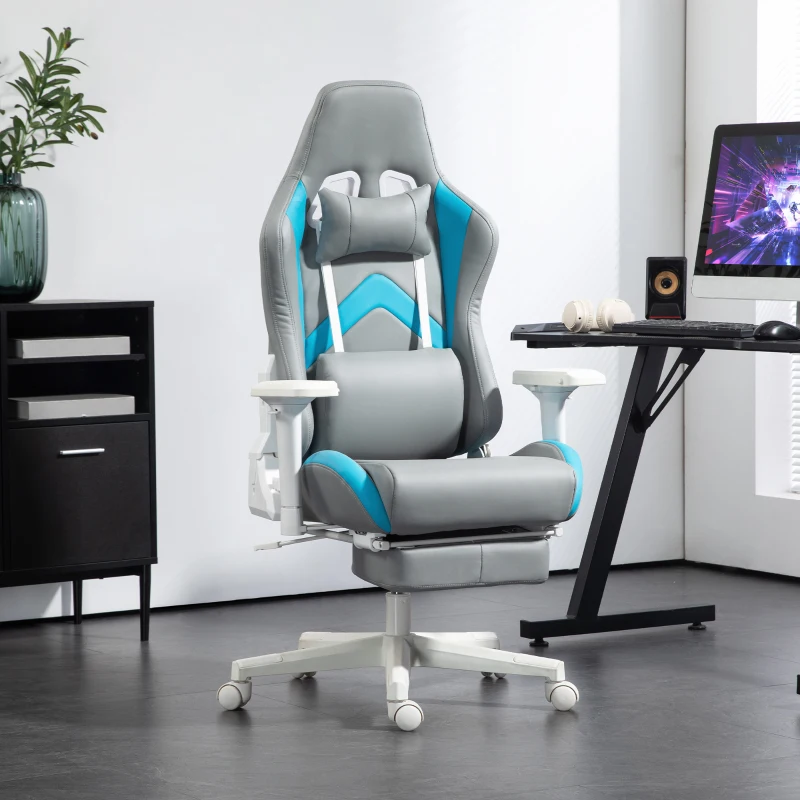HOMCOM Silla Gamer Reclinable con Altura Ajustable Reposapiés Retráctil Soporte Lumbar y Reposacabezas Gris Claro y Azul
