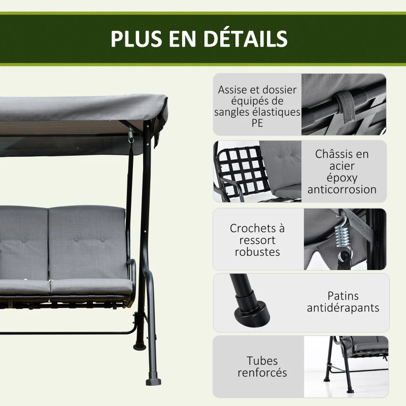 Outsunny Balancelle de Jardin 3 Places Grand Confort Toit Inclinaison réglable épais Coussins Amovibles Polyester Acier époxy Gris