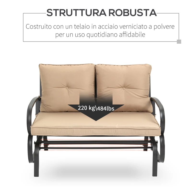 Outsunny Panchina a Dondolo da Giardino per 2 Persone con Cuscini per Seduta e Schienale, 122x70x87cm, Khaki