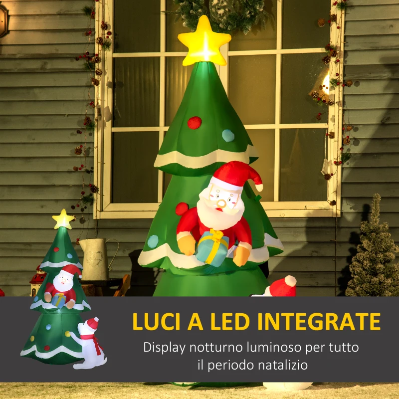 Outsunny Albero di Natale Gonfiabile con Babbo Natale e Cagnolino, Luci LED e Gonfiatore Incluso, 112x80x180cm