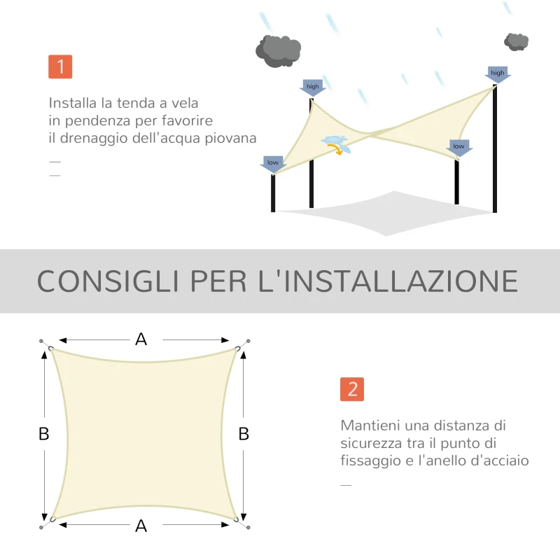 Outsunny Vela Ombreggiante Rettangolare, Tenda da Sole per Esterno in Poliestere Anti UV Traspirante 3x4m Bianco crema