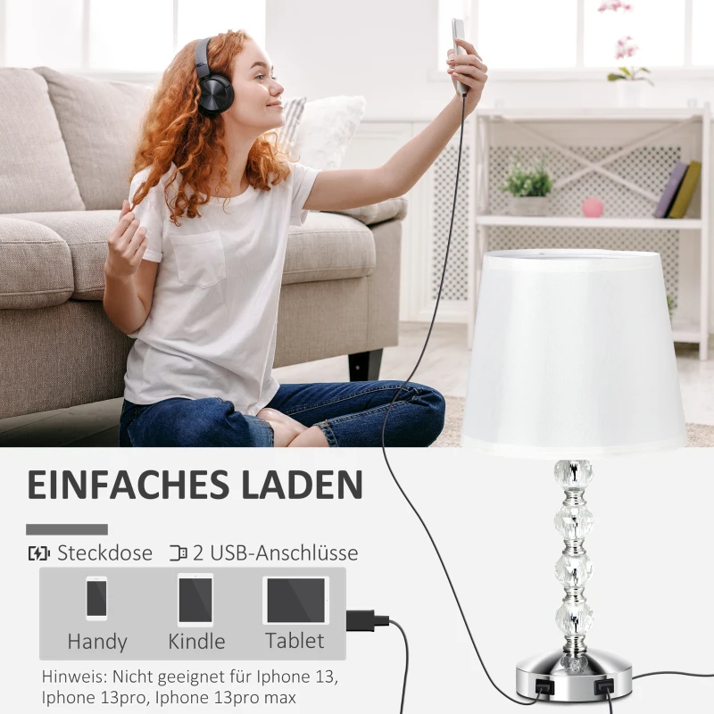 HOMCOM Tischleuchte Schreibtischleuchte Nachttischlampe, USB-Schnittstelle, 23 x 23 x 45 cm, Weiß + Silber