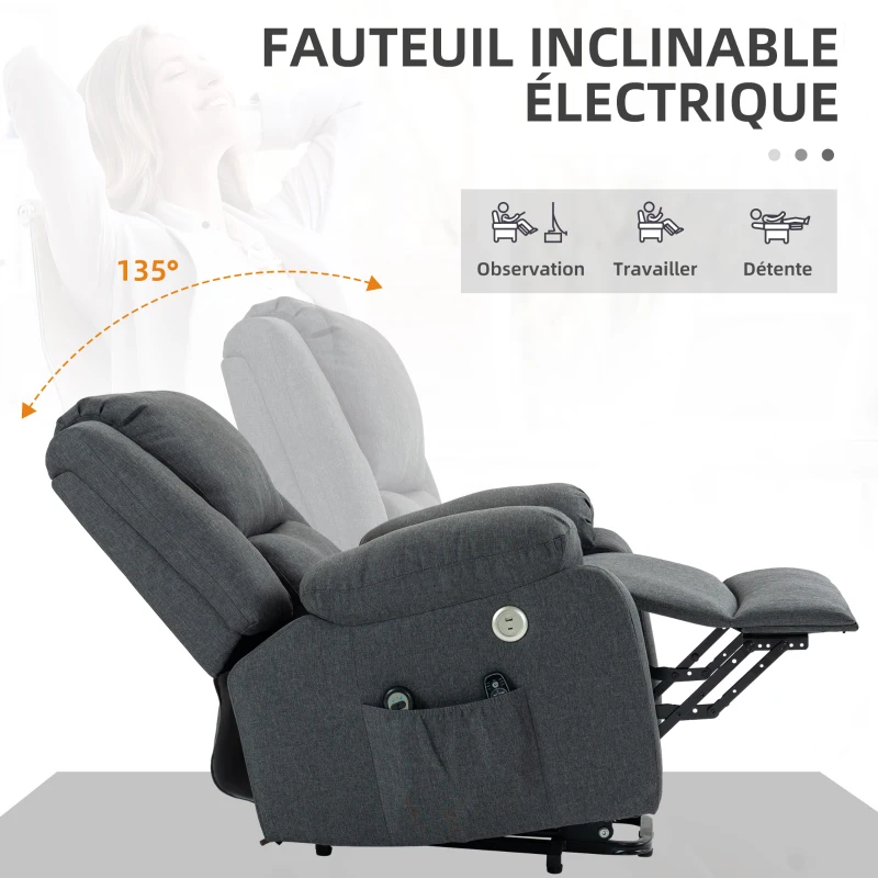 HOMCOM Fauteuil releveur électrique fonction massage et chauffage inclinaison réglable ports USB 87 x 92 x 105 cm gris
