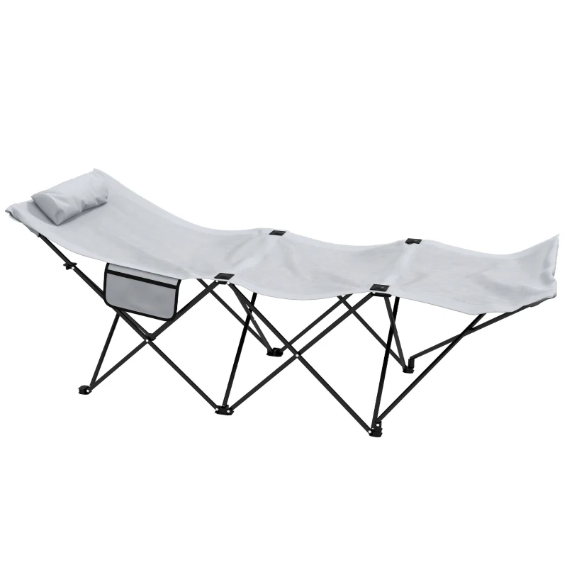 Outsunny Camping Bed for Adults, Single Folding Camp Bed, Portable Camping Cot with Side Pocket, Headrest and Oxford Seat for Outdoor, Travel, Fishing, Light Grey