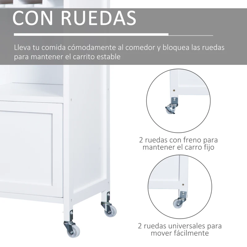 HOMCOM Carro de Cocina Auxiliar con Ruedas Carrito de Servicio con 2 Cajones Botellero para 9 Botellas Soporte para Vasos Estante Abierto y Armario 76x40x88 cm Blanco