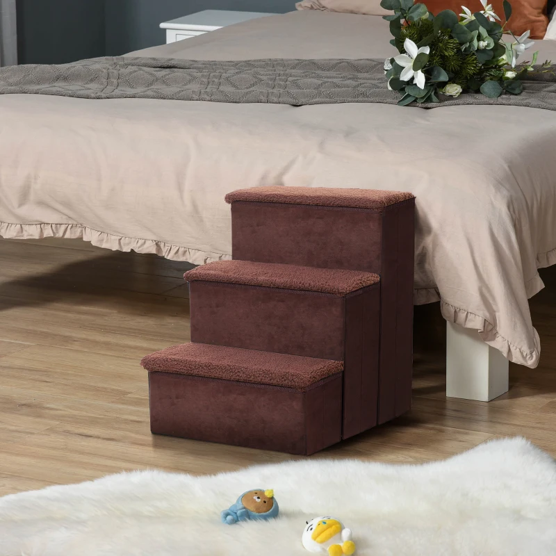 PawHut Pet Stairs Washable Fleece Faux Suede Cover 3 Step Dog Cat Foldable Portable Mobility Assistance 41 x 19cm Brown