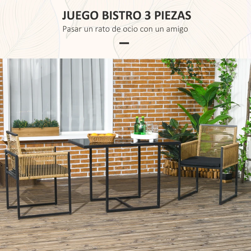 Outsunny Set de Mesa de Cristal y 2 Sillas de Ratán Sintético con Respaldos Plegables Diseño Anidado con Cojines Natural y Negro
