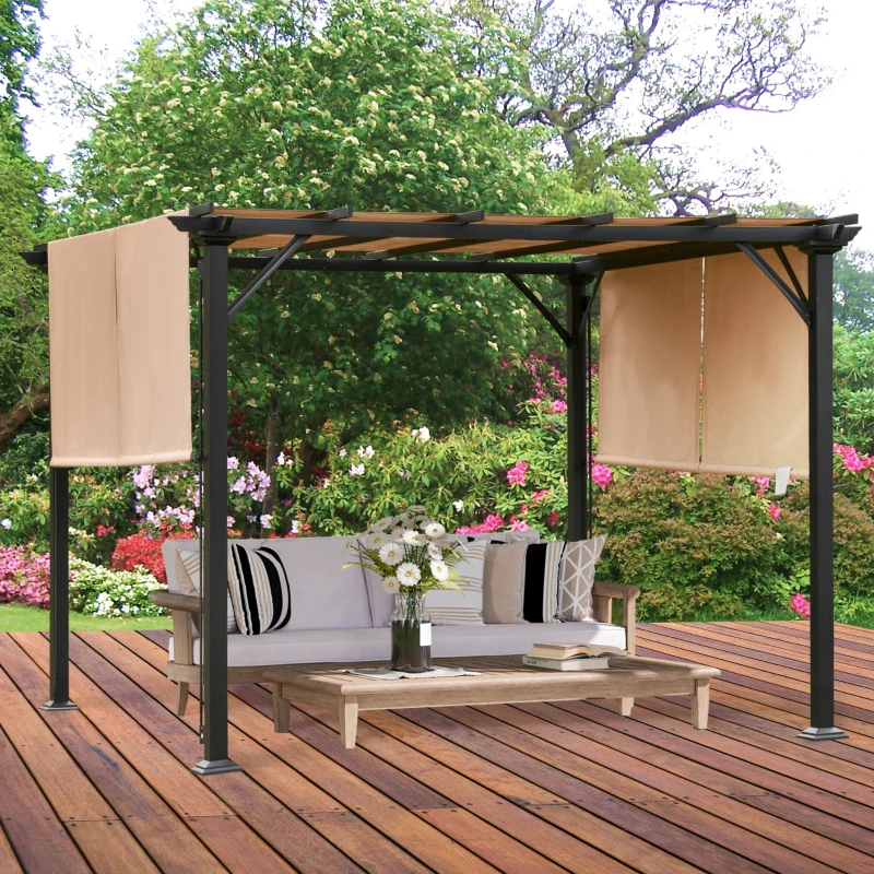 Outsunny Pergola Gazebo da Giardino in Acciaio con Tende Regolabili 3x3m, Marrone Chiaro