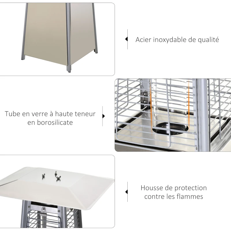Outsunny Parasol Chauffant Pyramide 10,5 KW - Chauffage d'extérieur gaz - Chauffage de terrasse - Double sécurité - Puissance réglable - roulettes, Housse Incluse - Acier INOX. Gris métal