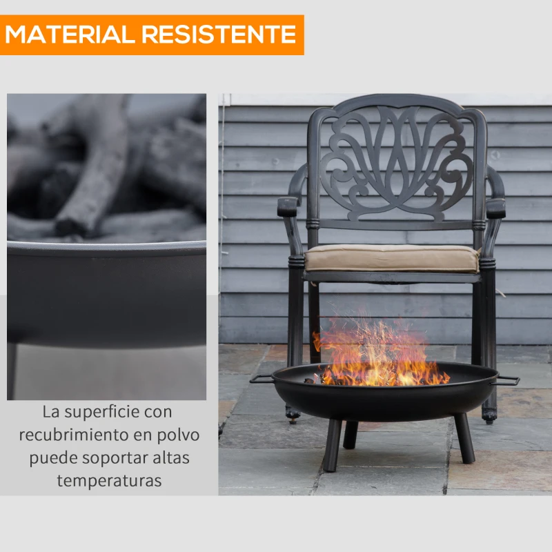 Outsunny Brasero Exterior Ø58x23 cm Cuenco de Fuego Redondo con Asas de Transporte 3 Pies y Marco de Metal para Hogueras Leñas Terraza Jardín al Aire Libre Negro