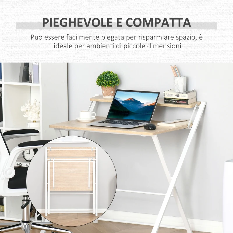 HOMCOM Scrivania Pieghevole Salvaspazio con Mensola Superiore per Camera e Ufficio, 81.5x70x84cm, Color Legno e Bianco