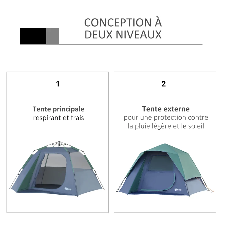 Outsunny Tente pop up tente de camping familiale 3 pers. tente dôme étanche légère ventilée facile à monter grande porte + 4 fenêtres dim. 2,5L x 1,94l x 1,6H m fibre verre polyester oxford bleu vert