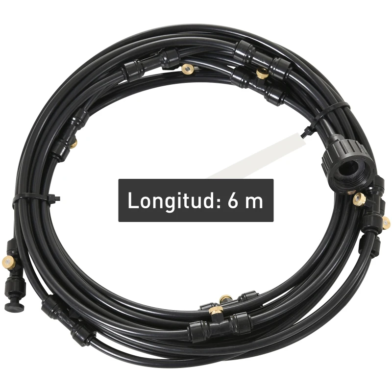 Outsunny Rociador de Agua para Jardines Kit Difusor Sistema de Enfriamiento por Nebulización Diferentes Boquillas Grifo de Latón para Patio al Aire Libre Negro 6m