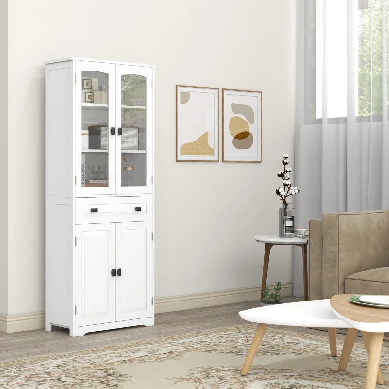 HOMCOM Credenza da Cucina Alta con 2 Armadietti e Cassetto, Ante a Vetri e Ripiani Regolabili, 60x30x160cm, Bianco