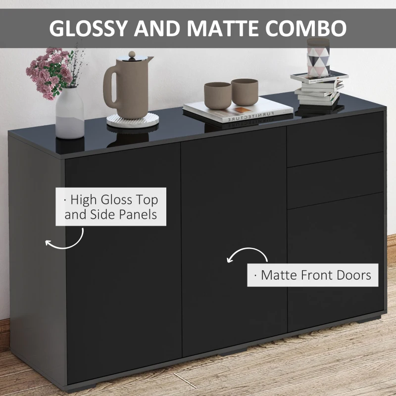 HOMCOM High Gloss Side Cabinet, Push-Open Design with 2 Drawers and 2 Cabinets for Living Room, 74H x 117W x 36Dcm, Black