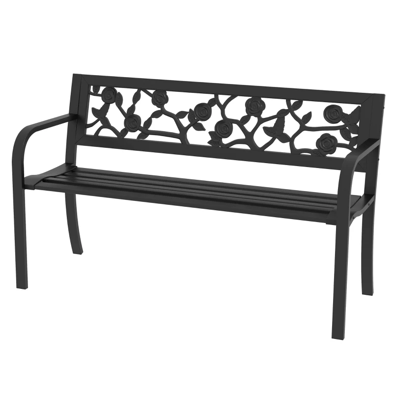 Outsunny Panchina da Giardino 2 Posti in Acciaio con Schienale Decorato e Braccioli, 127x50x75cm, Nero