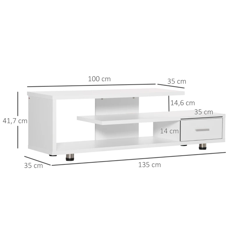 HOMCOM Meuble TV design contemporain 1 tiroir et 3 étagères pour télévision 45 pouces - dim. 135I x 35P x 41,7H cm - blanc
