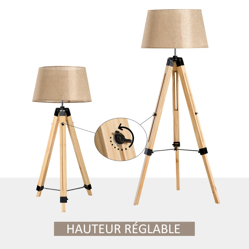 HOMCOM Lampadaire trépied hauteur réglable  65 x 65 x 99-143 cm lampe de sol 40 W  bois style nordique beige