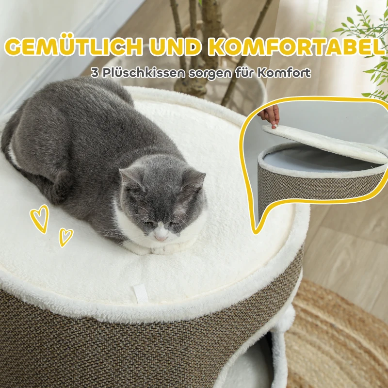 PawHut Katzenfass, 3 Ebenen, mit Kissen, Kratzmatte, Spielbällen, Katzenhaus für Innenbereich, Braun