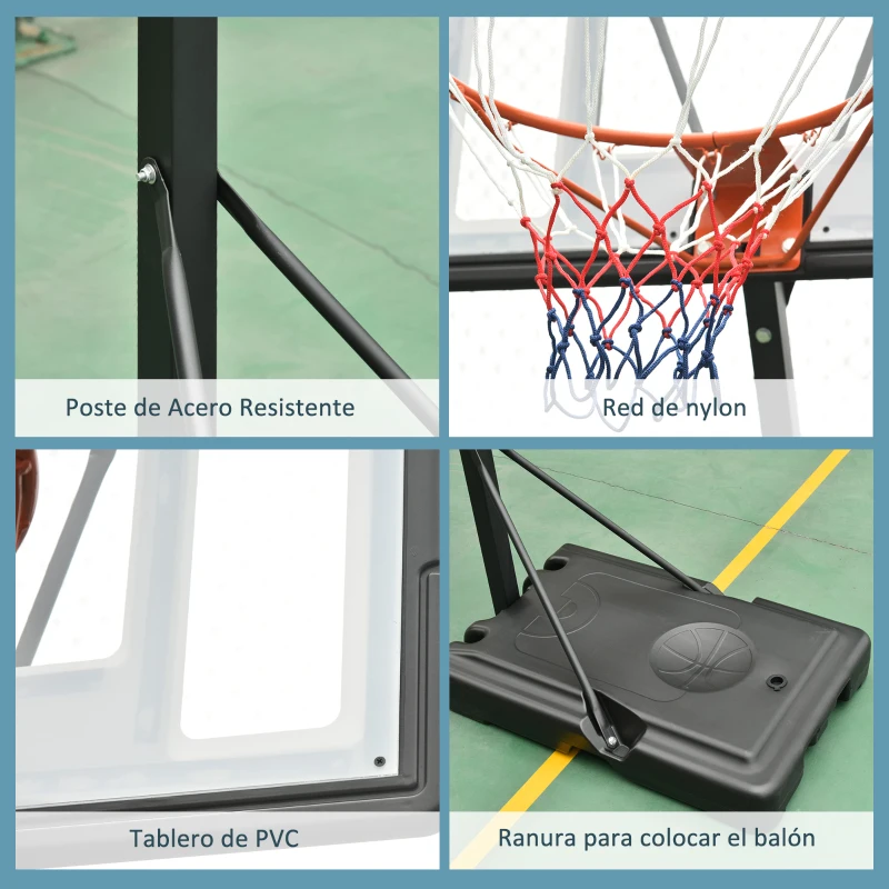 HOMCOM Canasta de Baloncesto con Soporte de Ruedas Aro de Basket Ajustable en Altura con Base Rellenable 90x165x302-352cm Negro