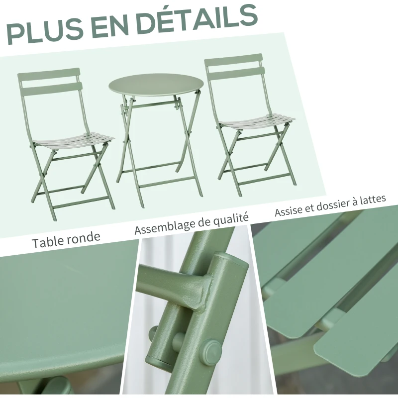 Outsunny salon de jardin 2 personnes - ensemble table bistrot chaise jardin pliable - ensemble bistrot de jardin - table ronde Ø 60 cm avec 2 chaises pliantes - métal thermolaqué vert
